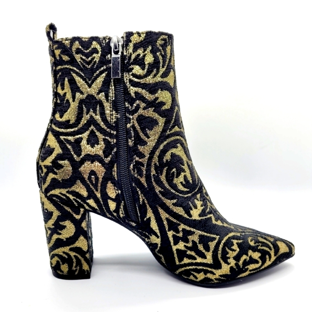 New Black & Gold Damask Arabesque Olyvia Block Heel Ankle Bootie Sz 7